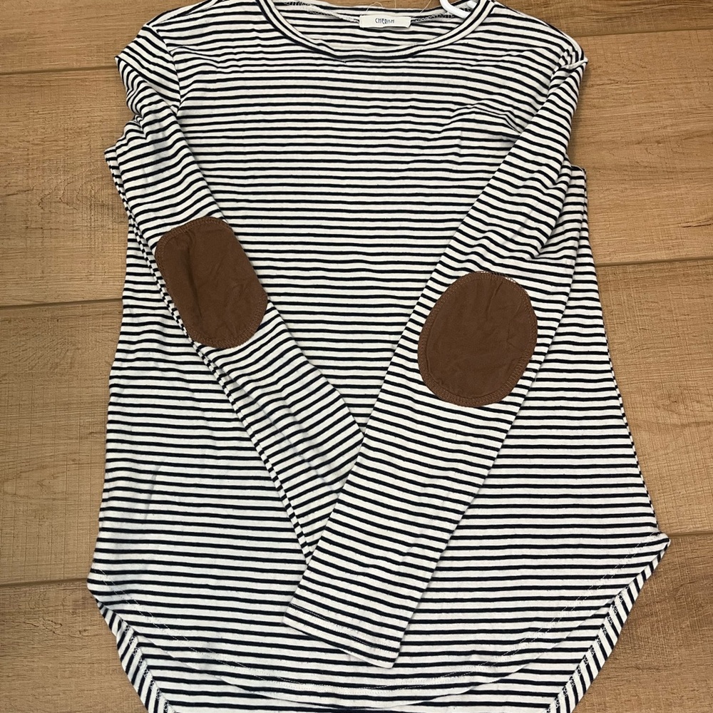 Black and White Striped Shirt with Brown Elbow Patches